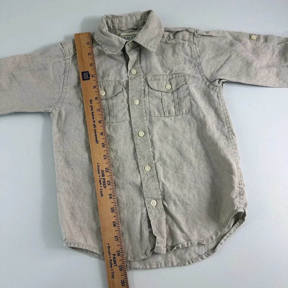 The Children's Place Boys 100% Linen Button Front Shirt Beige Tan L/S Size 4 XS